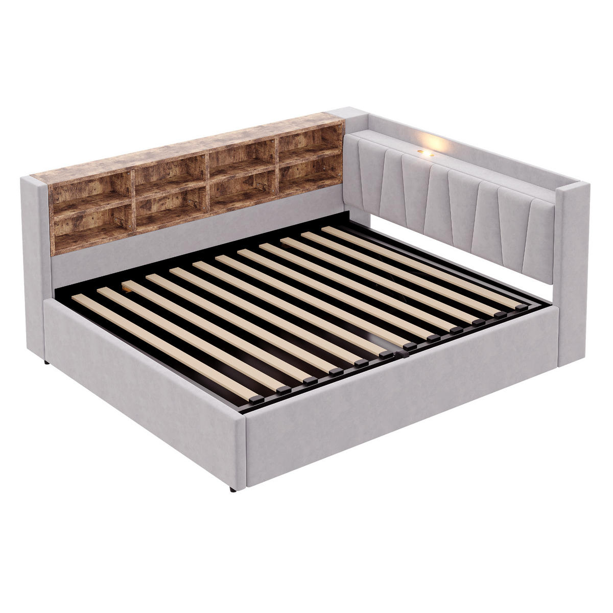 SCHLAFSOFA 140/200 cm in Hellgrau Samt mit Stauraum, LED und USB - Hellgrau, Holzwerkstoff/Textil (140/200cm) - WISHDOR