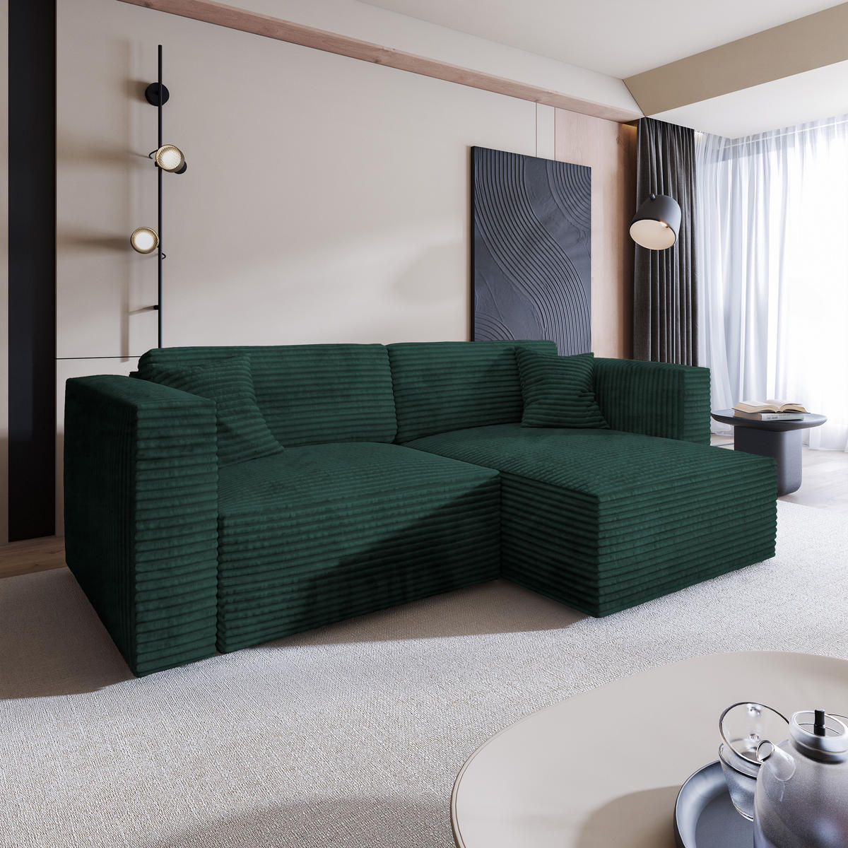 ECKSOFA NERIO Grün Kordstoff mit Schlaffunktion - Grün, Holz (245/148cm) - MASSENO