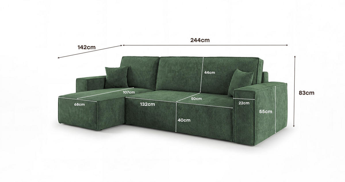 ECKSOFA CALIFORNIA MINI rechts grün Cord Poso 14 - Schlaffunktion, Bettkasten - Grün, Textil (245/139cm) - Cornero