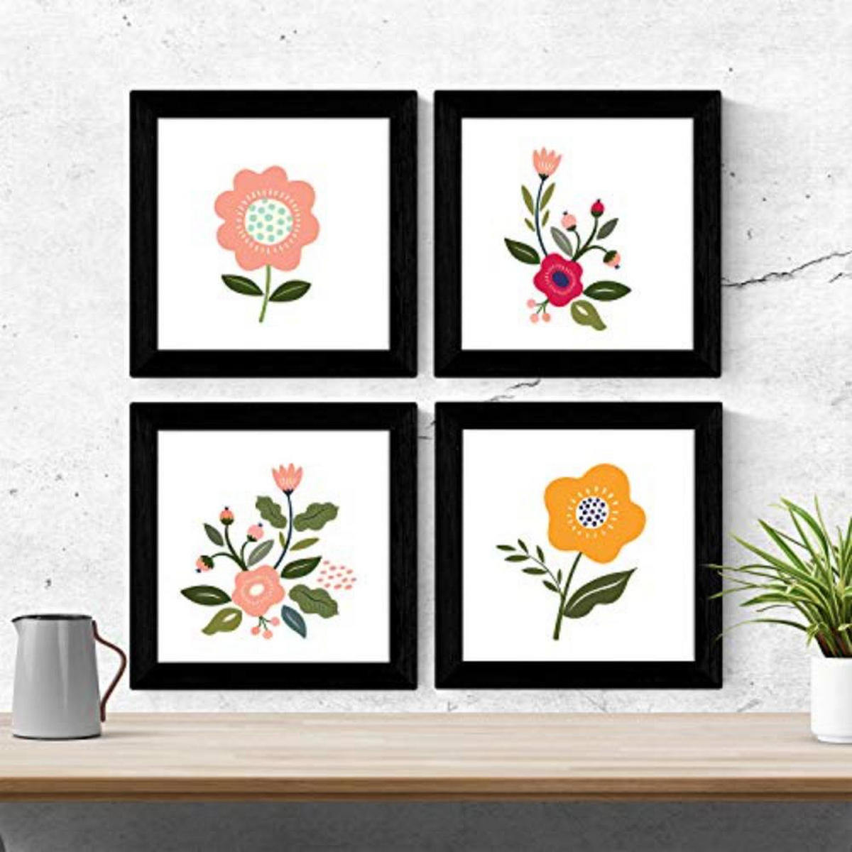 POSTER Set mit 4 florierenden Blumen Rosen und Orangen 20x20cm Schwarzer Rahmen - Schwarz, Papier (20/3cm) - Nacnic