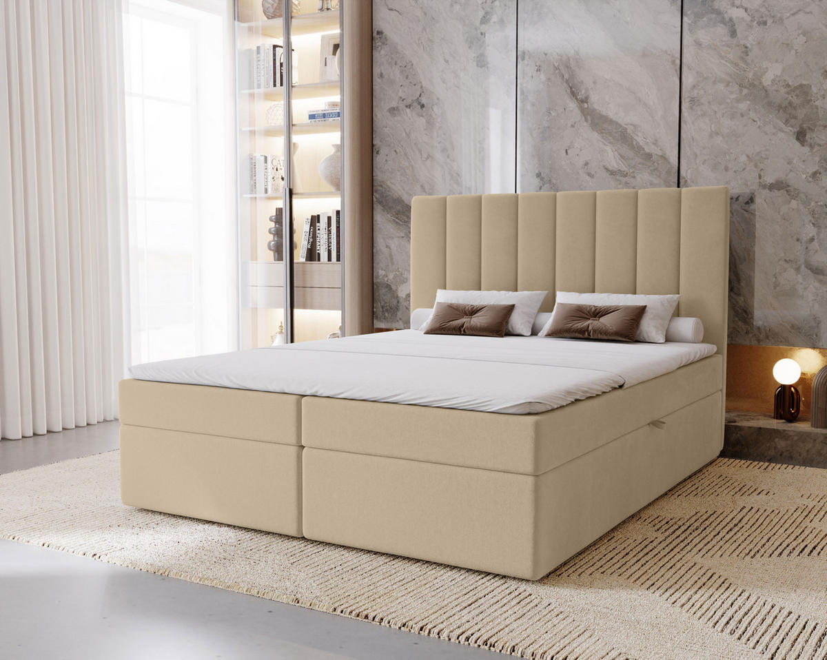 BOXBETT Nero mit 2 Bettkästen, 140x200, Creme, Velourstoff, Doppelbett mit Bonell-Matratze - Creme, Holz/Kunststoff (140/200cm) - Marpur