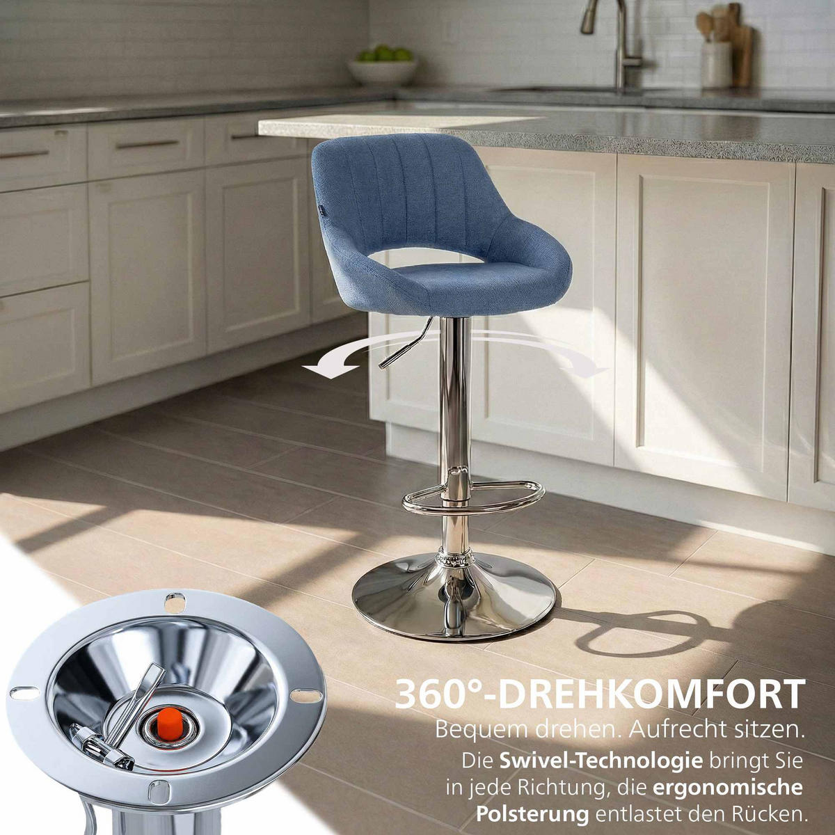 BARHOCKER Stoff Blau - Chromfarben/Blau, Textil/Metall (47/85/48cm) - CLP