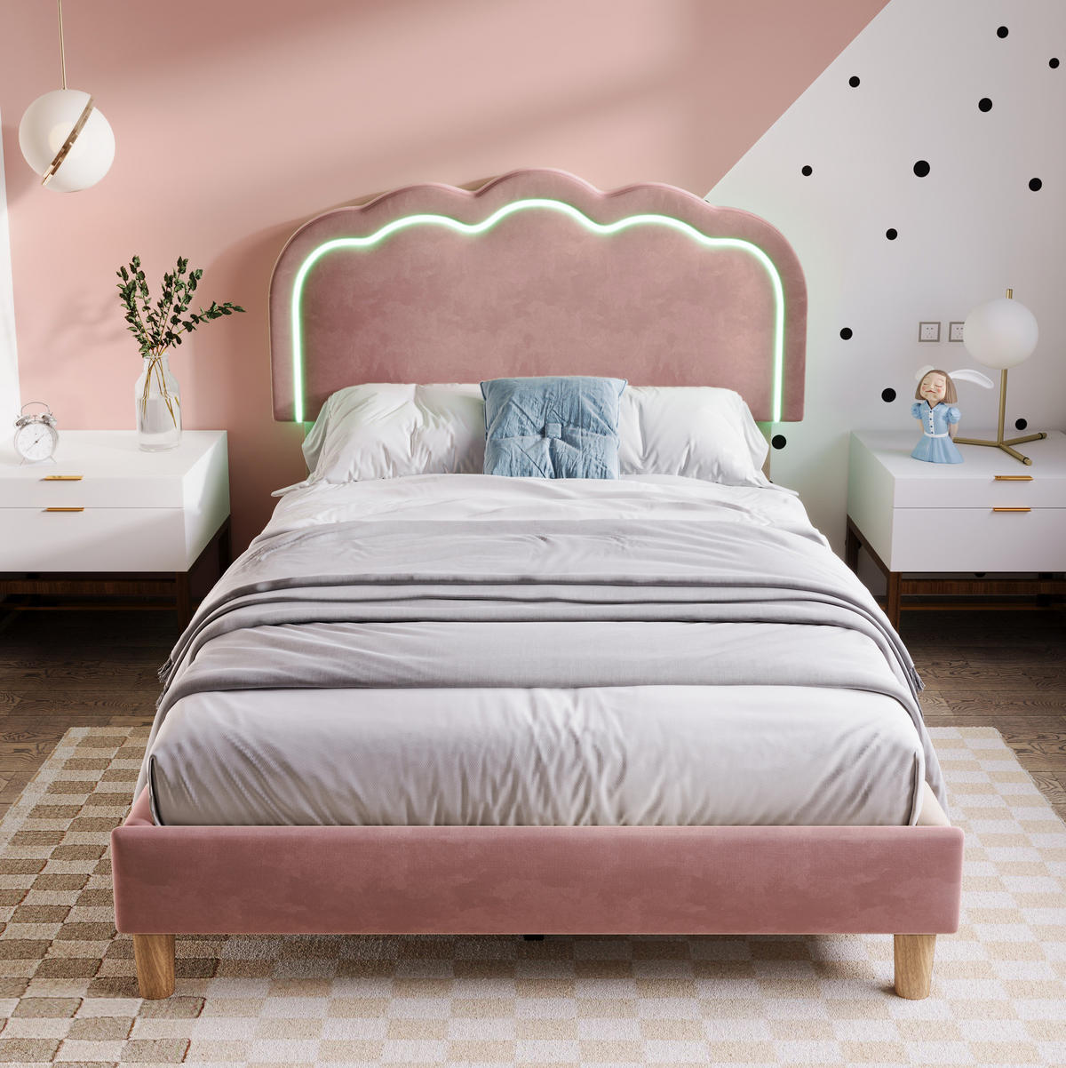 POLSTERBETT 90/190 cm aus Samt in Rosa mit LED-Beleuchtung - Pink, Textil (90/200cm) - Flora Grace