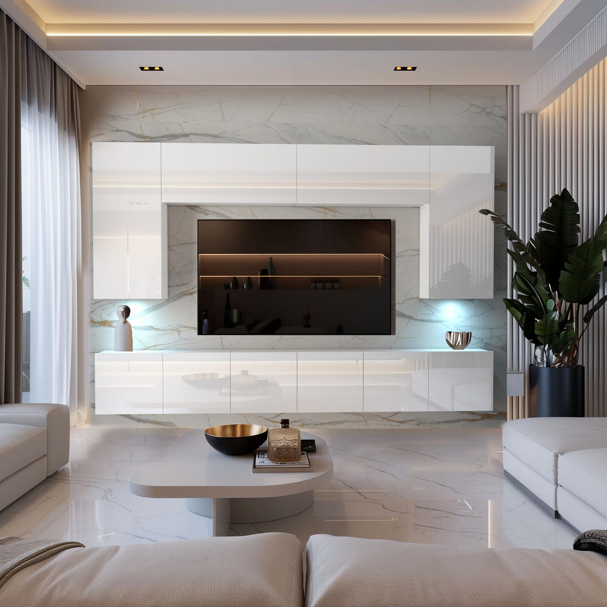 WOHNWAND Milano 2, Weiß Hochglanz, 300 cm, Grifflos - Weiß, Holz (300/155/36cm) - B BELINI GROUP
