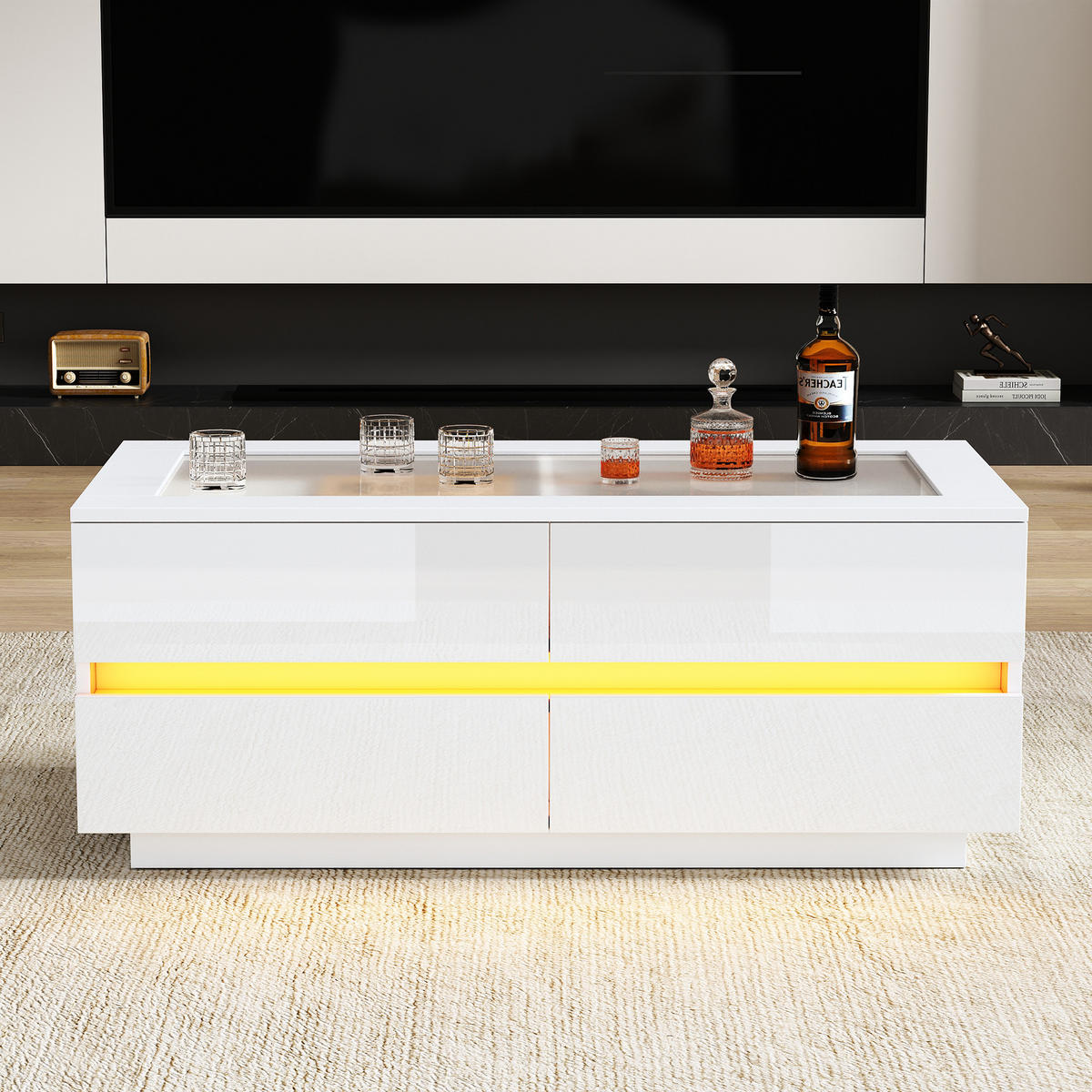 COUCHTISCH DE-37135 mit 4 Schubladen, Glasplatte und LED Weiß - Weiß, Holzwerkstoff (100/50/40cm) - ComfortXL