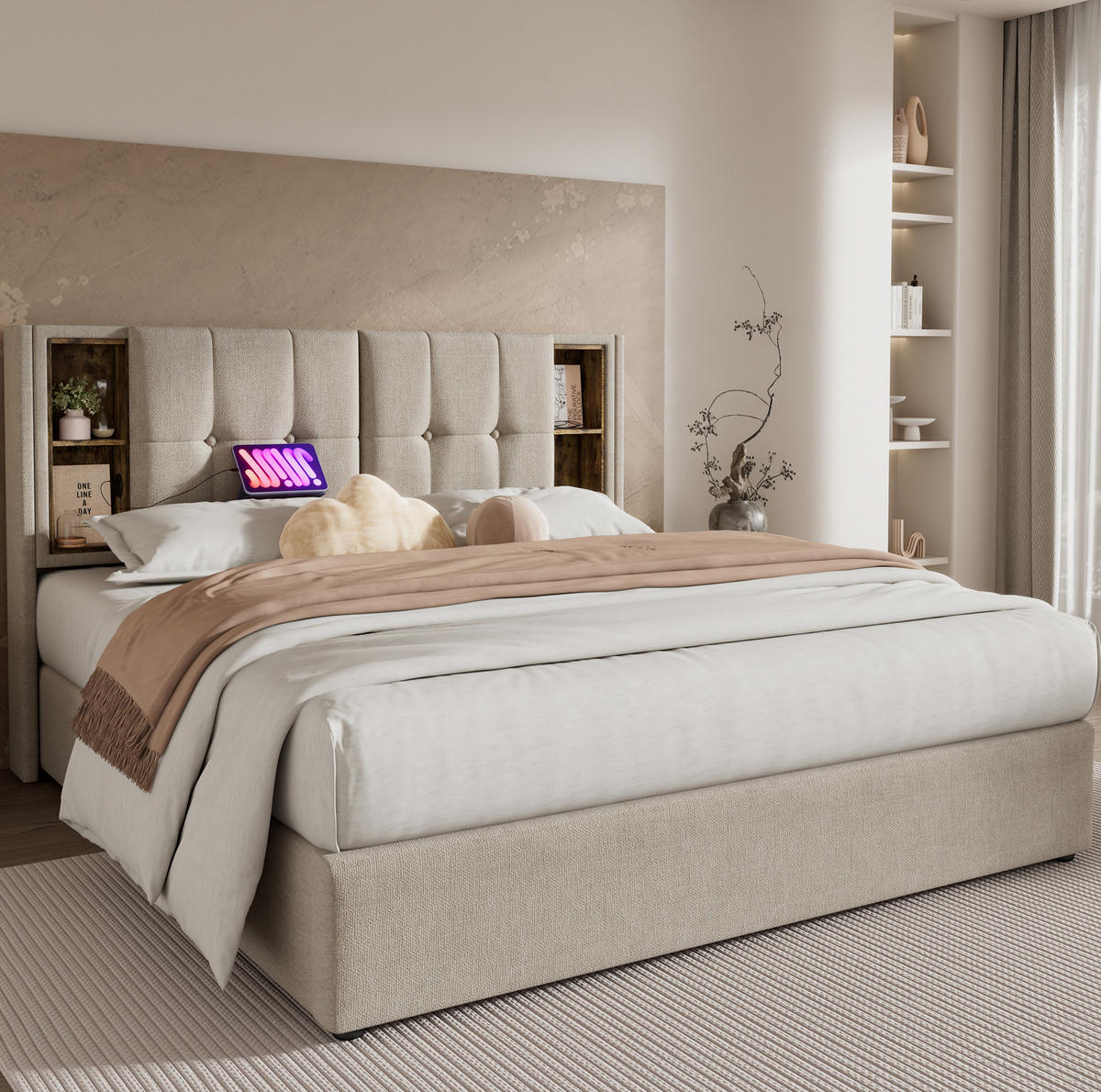 POLSTERBETT 140/200 cm Natur mit Kabelloses Laden und USB-Anschlüssen mit Matratze - Naturfarben, Textil (140/200cm) - OKWISH