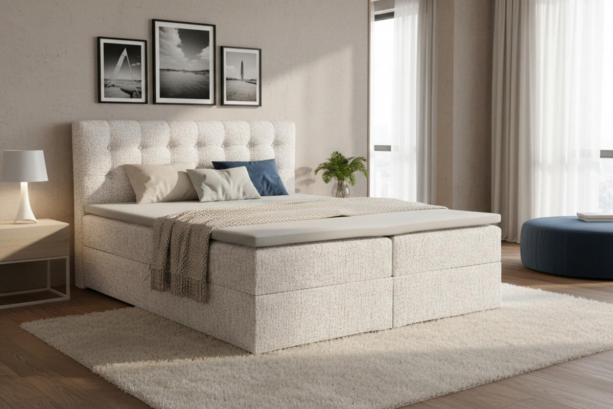 BOXBETT CINDY 180/200 in Stoff Creme H3 - Creme, Holz/Holzwerkstoff (180/200cm) - Deine Möbel 24
