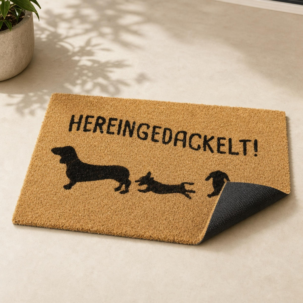 ROHOŽKA Přírodní černá kokosové vlákno 60x40 cm motiv jezevčík s nápisem - světle hnědá, textil/plast (60/40cm) - Relaxdays