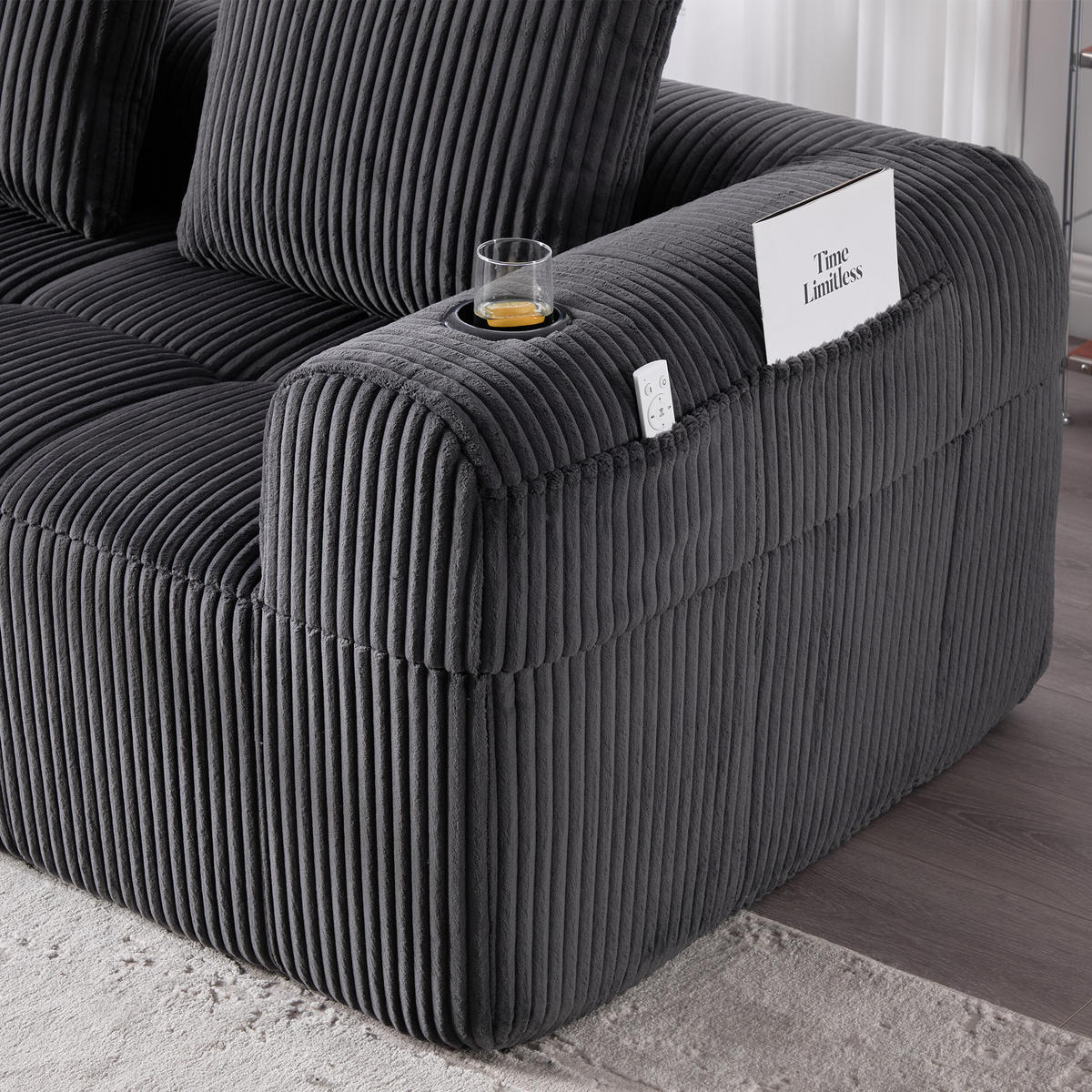 ECKSOFA Cord Dunkelgrau mit Becherhaltern, Seitentaschen und mit 3 Kissen - Dunkelgrau, Textil (253/158cm) - WISHDOR
