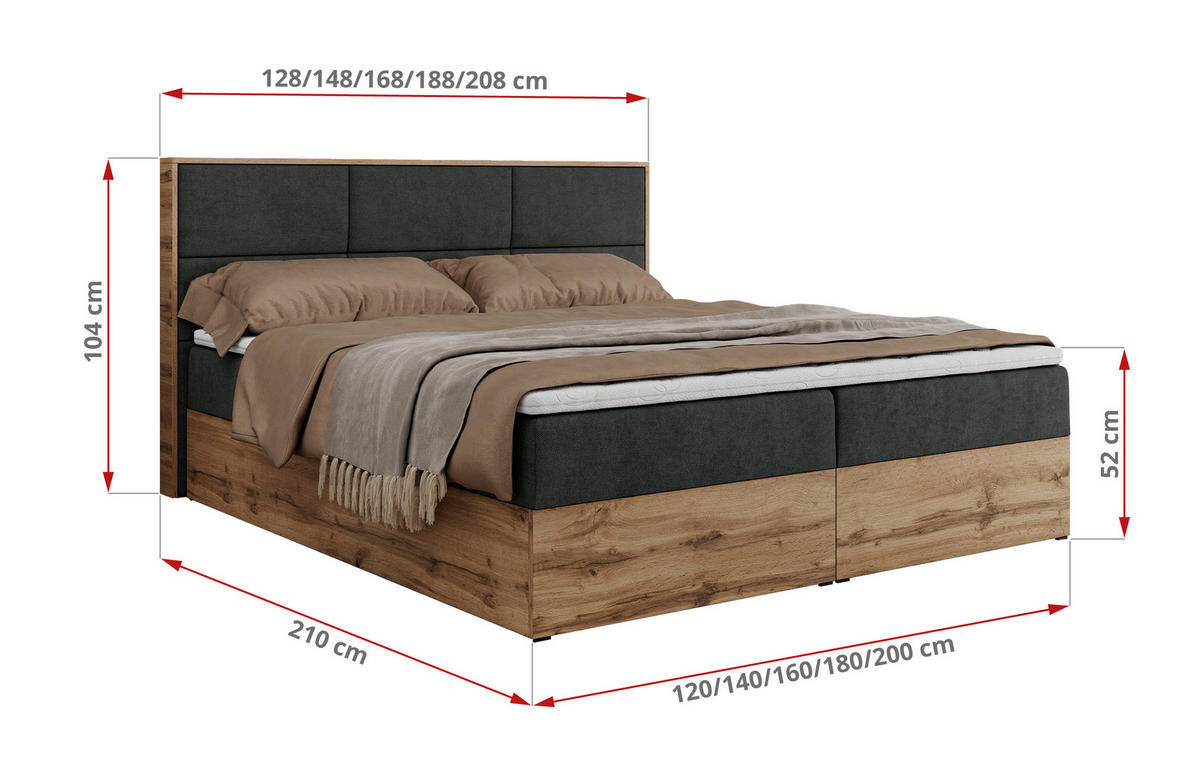 BOXBETT ALBERO 2 - 140/200 Dunkelgrau Struktur - H3 - Dunkelgrau, Holz/Textil (140/200cm) - MKS