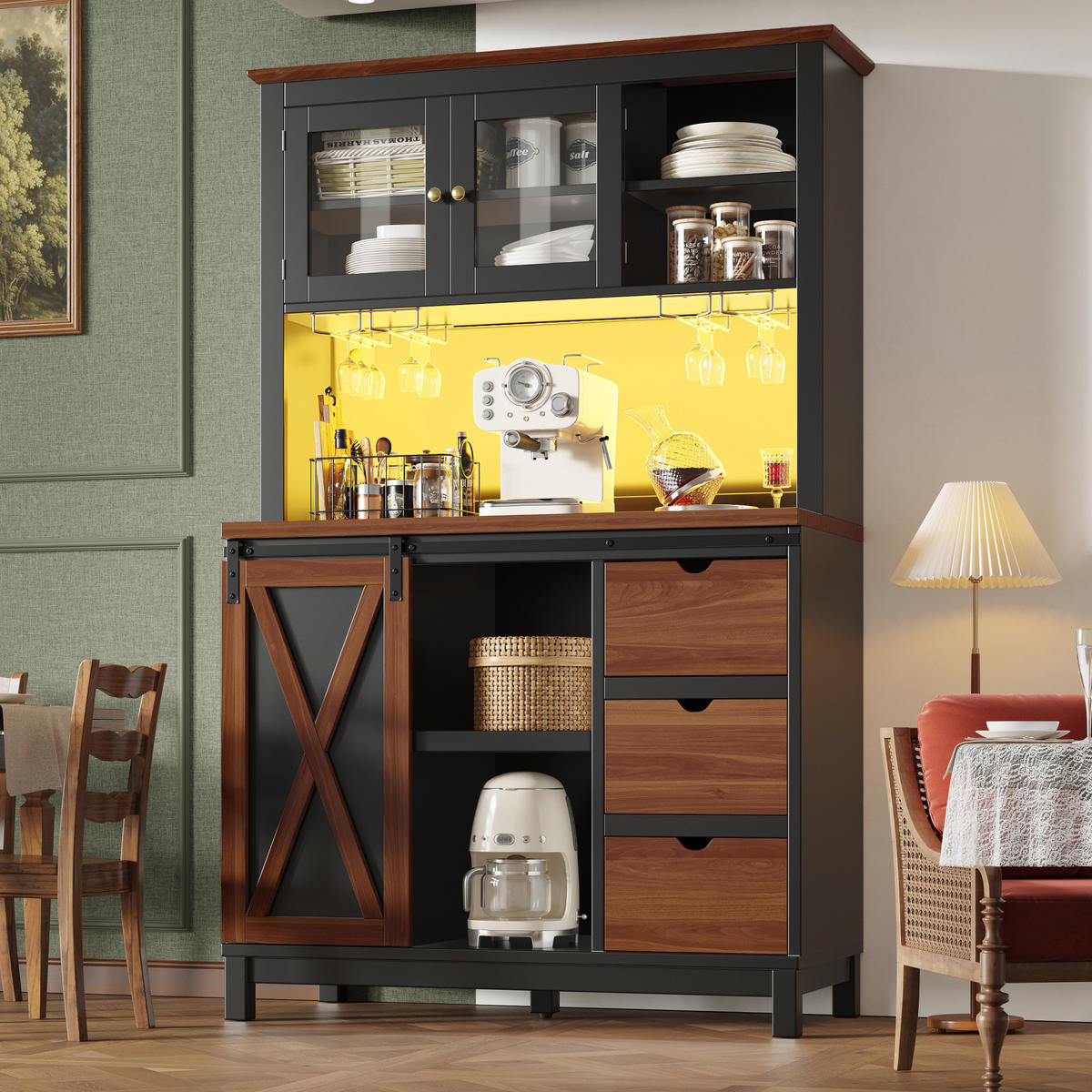 HOCHSCHRANK 104/40/180 cm mit LED-Beleuchtung, Schiebetür und verstellbaren Einlegeböden, Glasfront aus MDF/Metall, Schwarz - Schwarz, Glas (104/180/40cm) - Redom