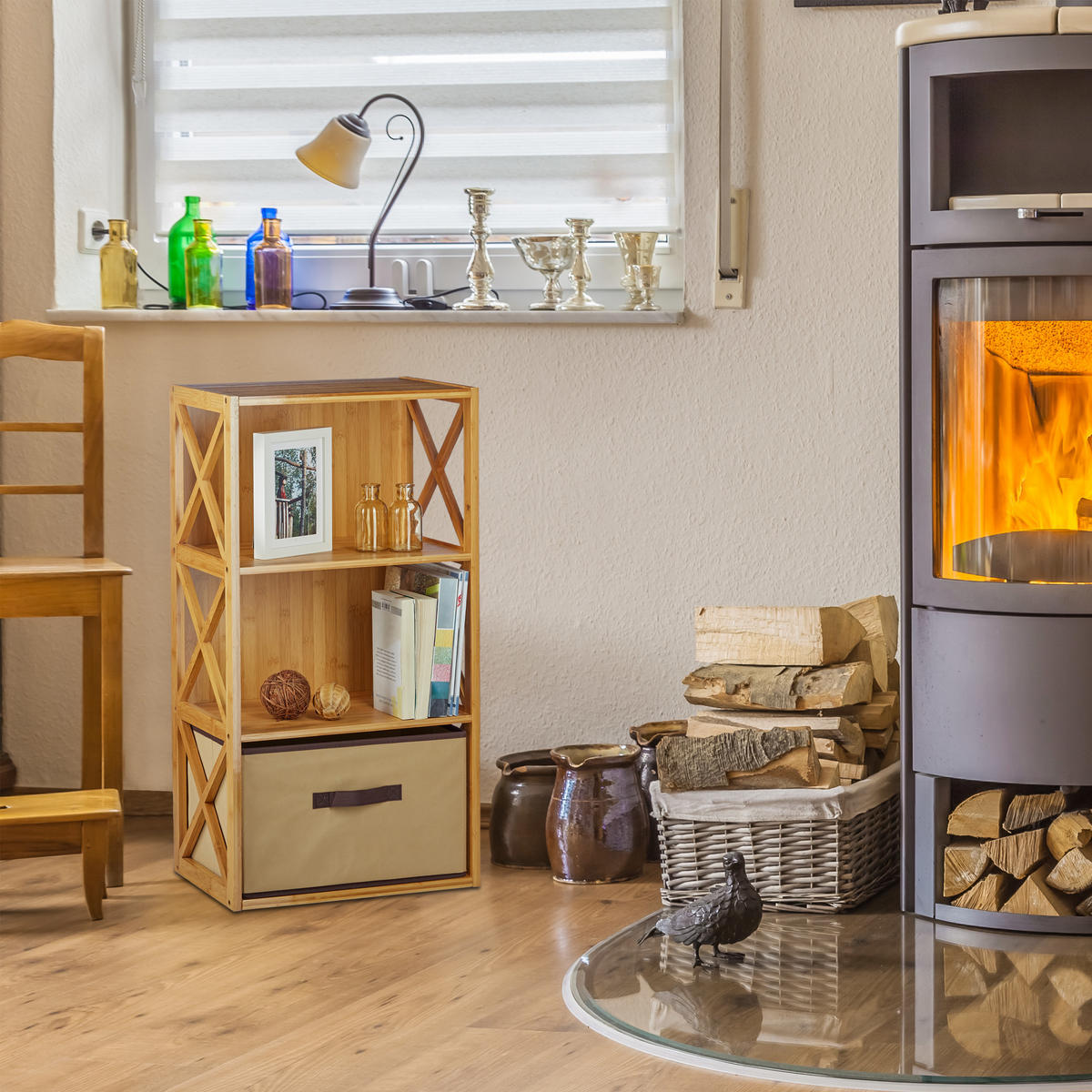 BAMBUSOVÝ policový koš - světle hnědá, dřevo/textil (42/80/29cm) - Relaxdays