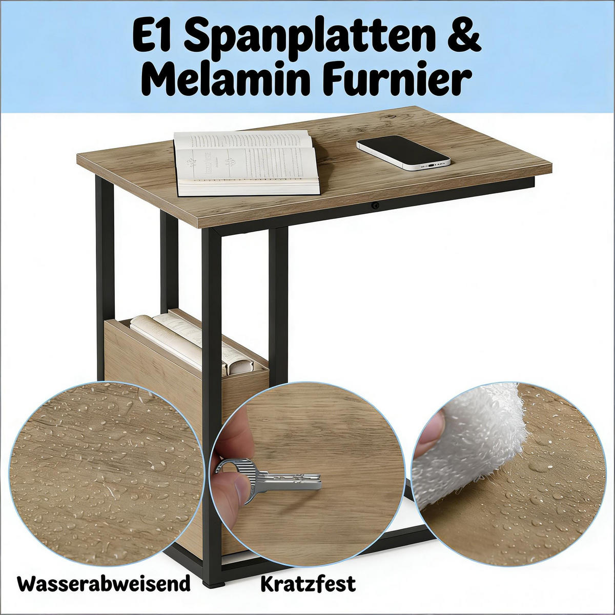 BEISTELLTISCH DE-37211 C-Form mit Seitenregal Natur - Naturfarben, Metall (36/55/59.5cm) - ComfortXL