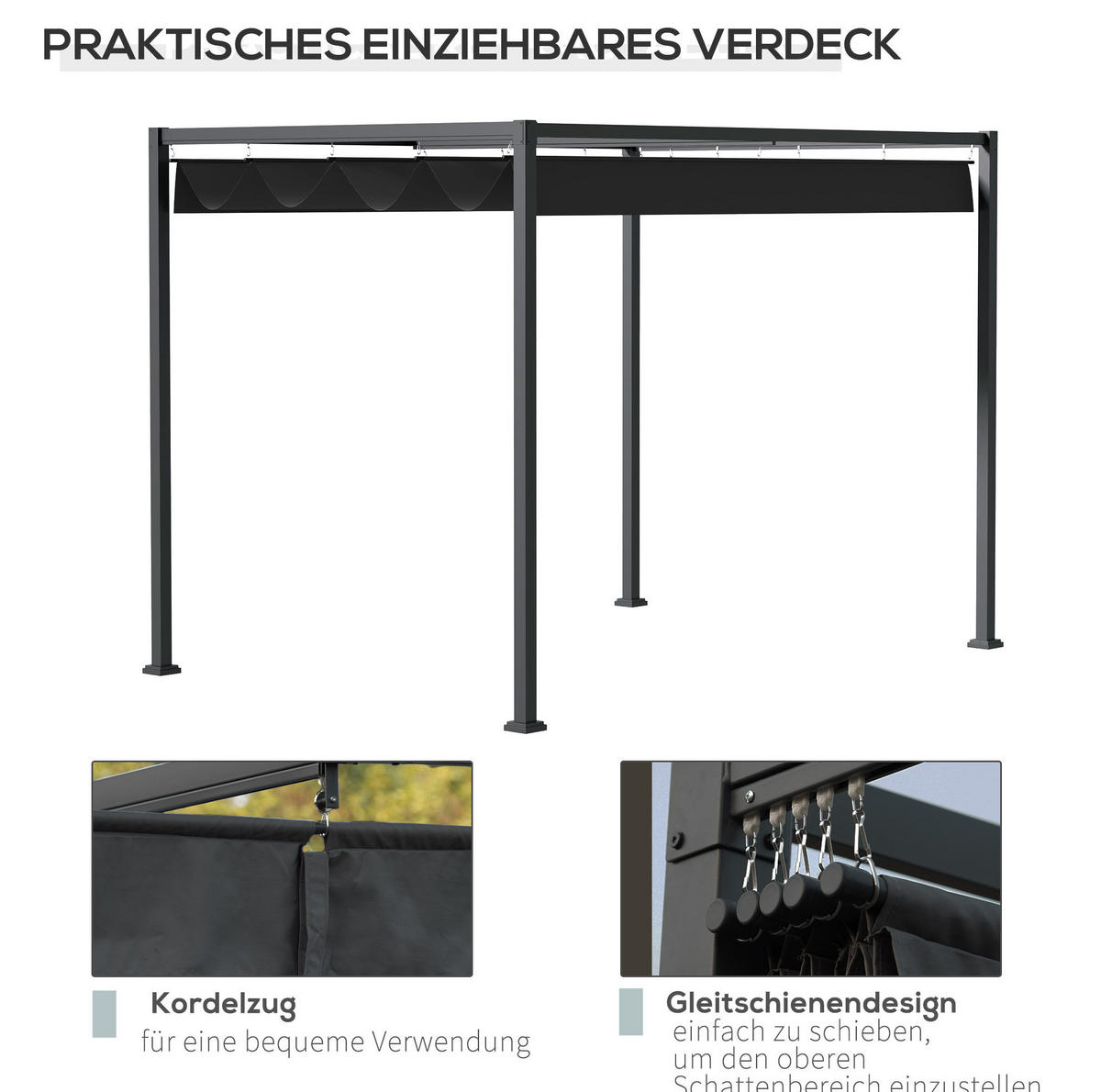 PERGOLA aus Metall 298x213x221 cm in Schwarz mit Schiebedach - Schwarz, Metall (298/221/213cm) - Modfu