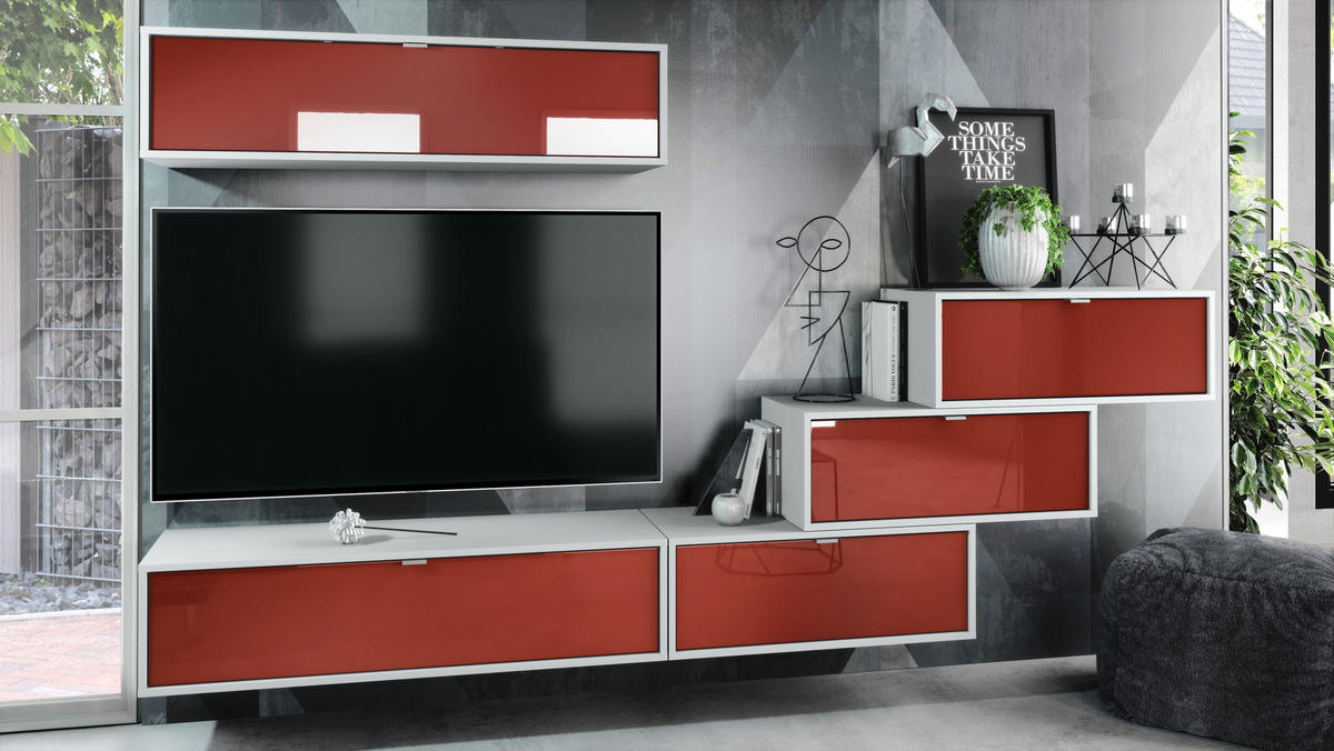 WOHNWAND Lana Fronten in Bordeaux Hochglanz - Bordeaux, Holzwerkstoff (275/180/37cm) - Vladon