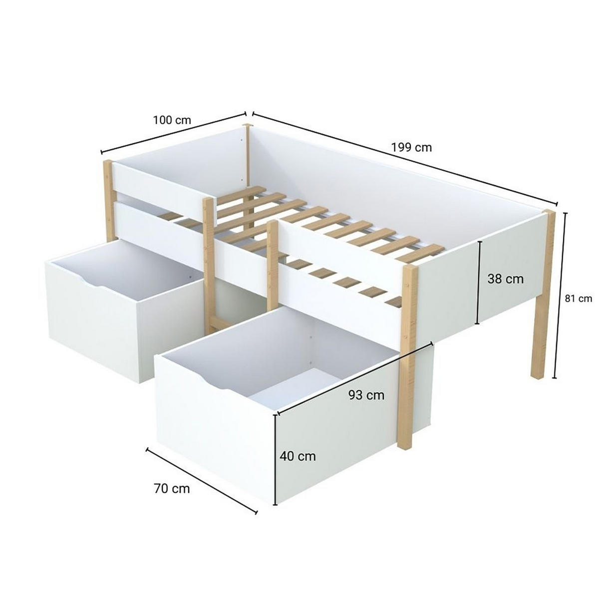 KINDERBETT ZEPHIR / SPIELBETT 90x190 cm + 2 Schubladen + Lattenrost / Weiß & Naturlack - Multicolor, Holz/Holzwerkstoff (90/190cm) - Weber Industries