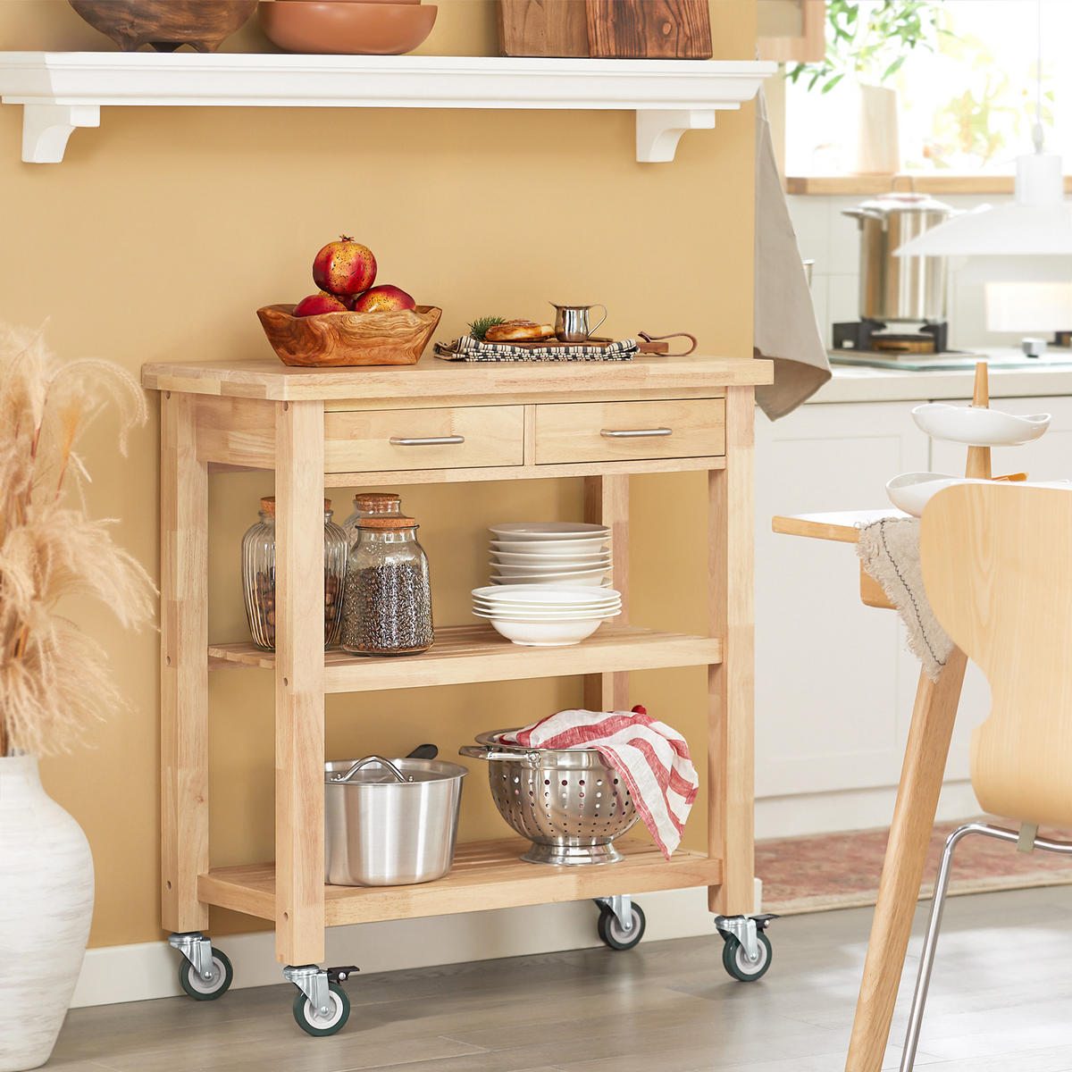 SERVIERWAGEN Gummiholz - Naturfarben, Holz (80/90/40cm) - SoBuy