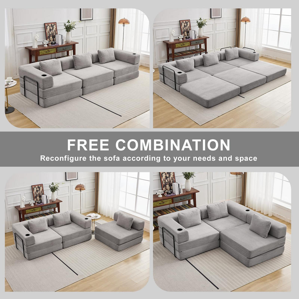 SCHLAFSOFA 3-Sitzer Cord mit Bettfunktion, faltbares Sofa - Grau, Textil (300/63/100cm) - Kaket