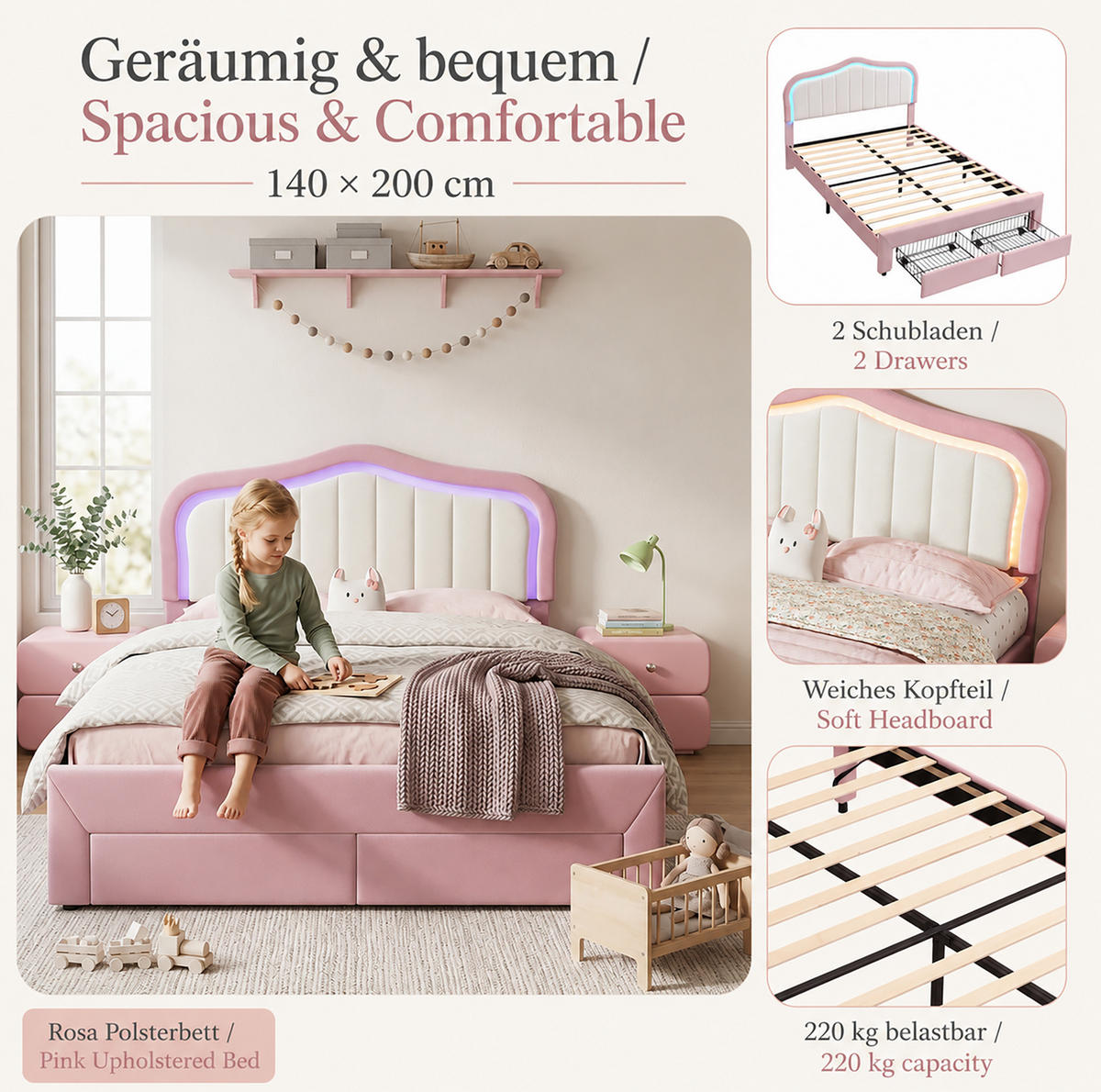 KINDER-POLSTERBETT aus Samt 140x200 cm Rosa mit Schubladen und App-gesteuerter LED-Beleuchtung - Pink, Textil (140/200cm) - Modfu