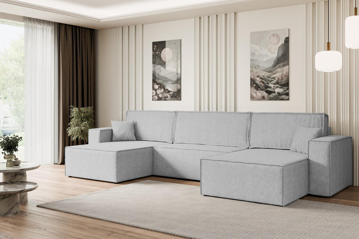 WOHNLANDSCHAFT mit Schlaffunktion und Bettkasten CELTIC-XLU - 377x143x83 cm Hellgrau Bouclé - Hellgrau/Schwarz, Holzwerkstoff/Kunststoff (377/83/143cm) - ALTDECOR