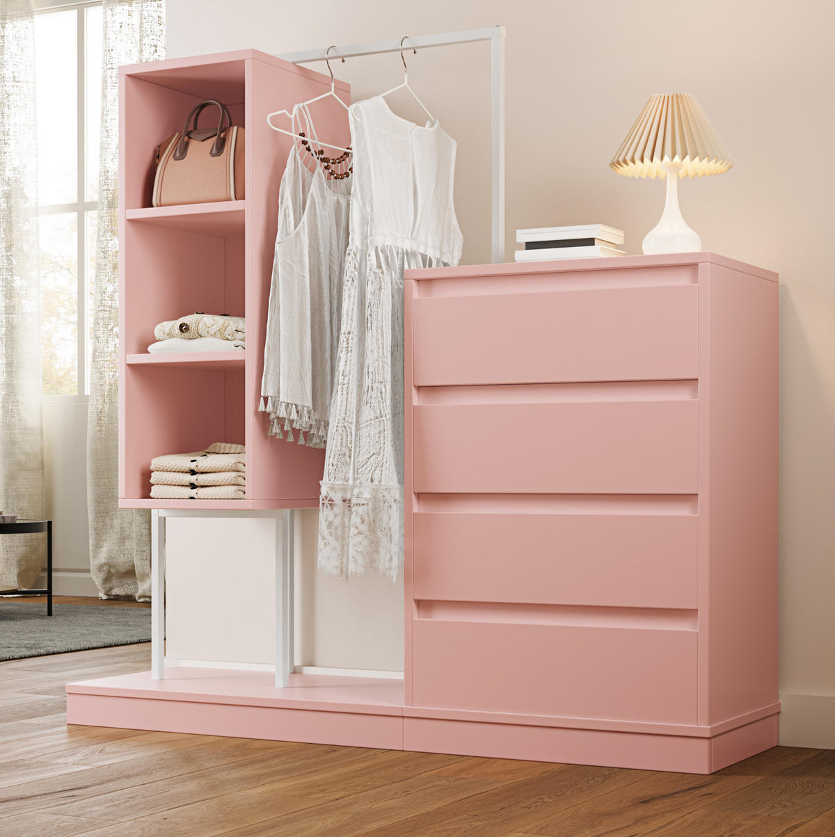 KLEIDERSCHRANK aus Spanplatte 40x100x135 cm Weiß/Rosa mit 4 Schubladen, 3 offenen Fächern und Kleiderstange - Pink, Holzwerkstoff (140/135/40cm) - Modfu