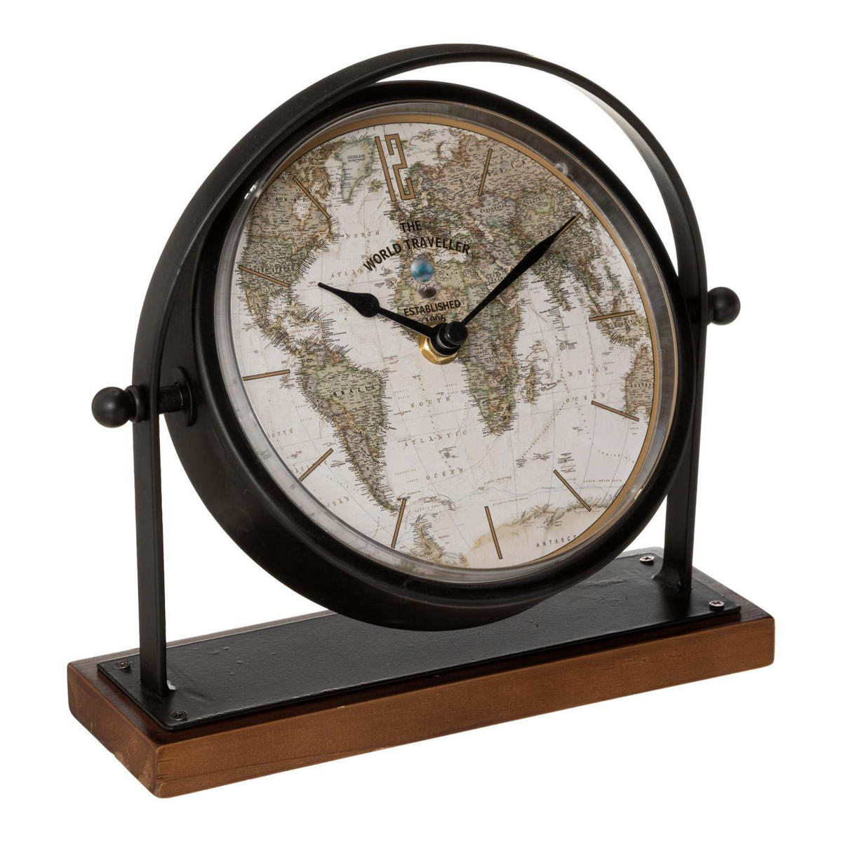 RETRO-TISCHUHR Zifferblatt mit Weltkarte Flavia 21/7/21 cm - Schwarz, Metall (7/21/21cm) - Atmosphera Createur d´interieur