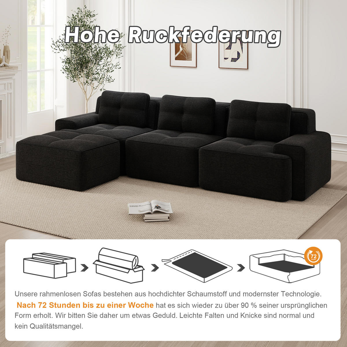 ECKSOFA 293/177/69 cm Schwarz mit Ottoman - Schwarz, Textil (293/177cm) - Oxeza