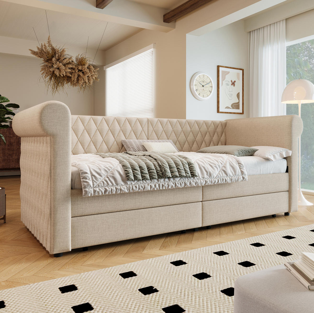 ČALÚNENÁ posteľ 90/200 cm béžová s 2 zásuvkami z ľanovej tkaniny - béžová, textil (90/200cm) - OKWISH