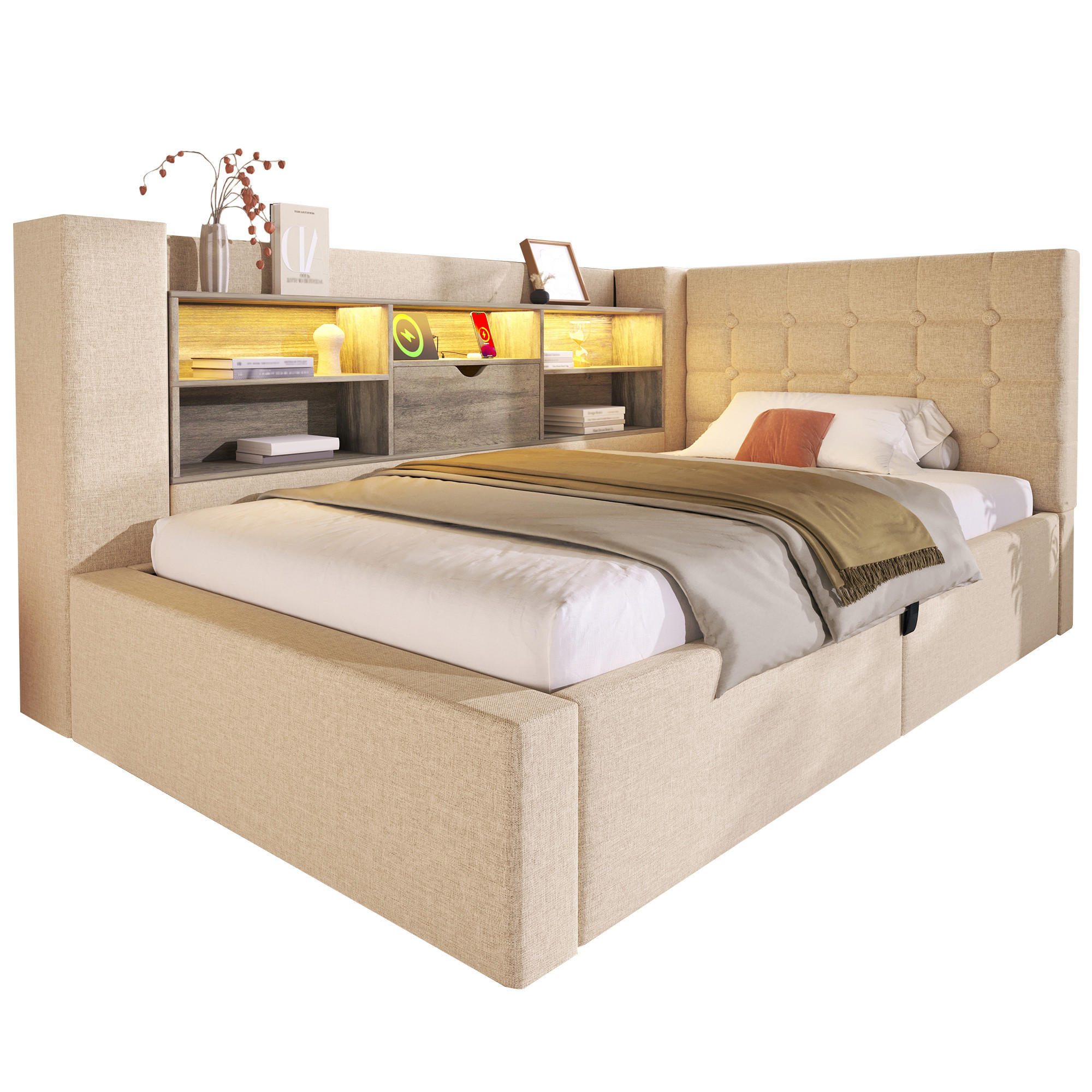 KINDERBETT 90/200 cm DE-01141, in Beige, mit LED, L-Kopfteil und Matratze - Beige, Metall (90/200cm) - ComfortXL