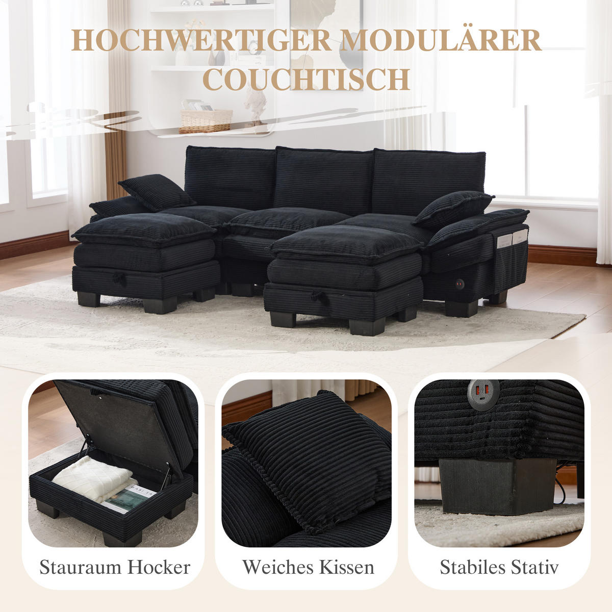 WOHNLANDSCHAFT Cord Schwarz mit USB-C, Seitentaschen und mit 2 Hocker - Schwarz, Holzwerkstoff/Kunststoff (260/84/132cm) - WISHDOR