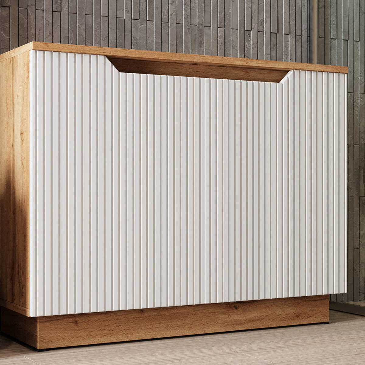 WASCHBECKENUNTERSCHRANK Lotta Eiche/weiß gestreift 79.6 x 62.1 cm mit 2 Türen - Eichefarben/Weiß, Holzwerkstoff (79.6/62.1/32cm) - Vicco