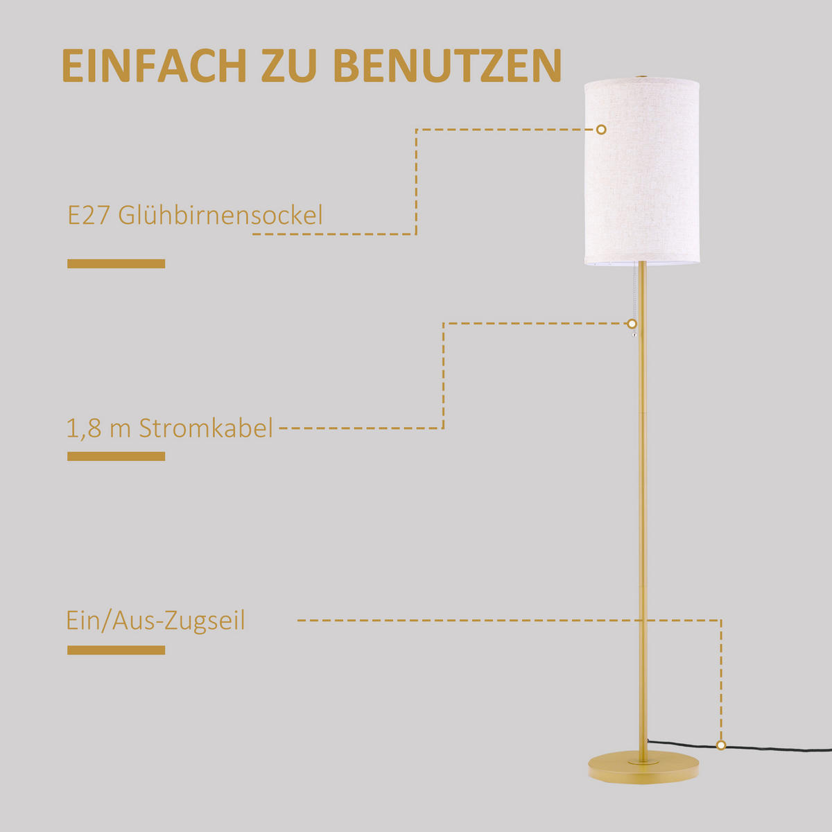 STEHLEUCHTE 157cm Stehlampe-Wohnzimmer cremeweiß mit Leinen-Lampenschirm und Zugschalter - Goldfarben, Metall (25.5/25.5/157cm) - Raelunyi