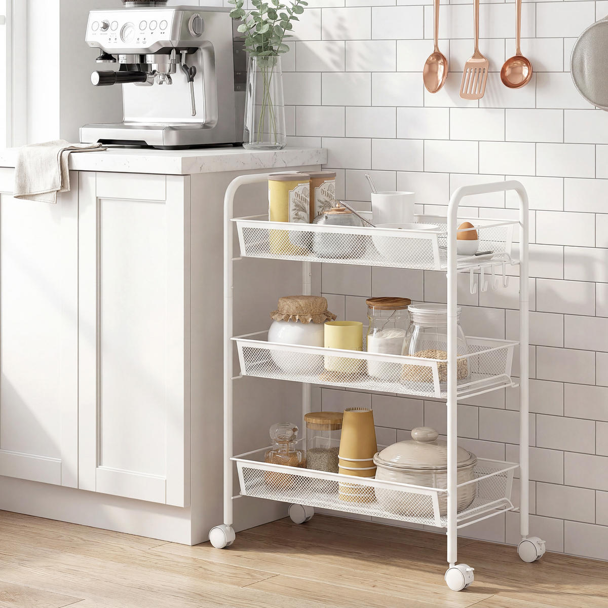 SERVIERWAGEN DE-12537 3 abnehmbare Körbe mit 4 Haken 45/26,5/63 cm Weiß - Weiß, Metall (26.5/63/45cm) - ComfortXL
