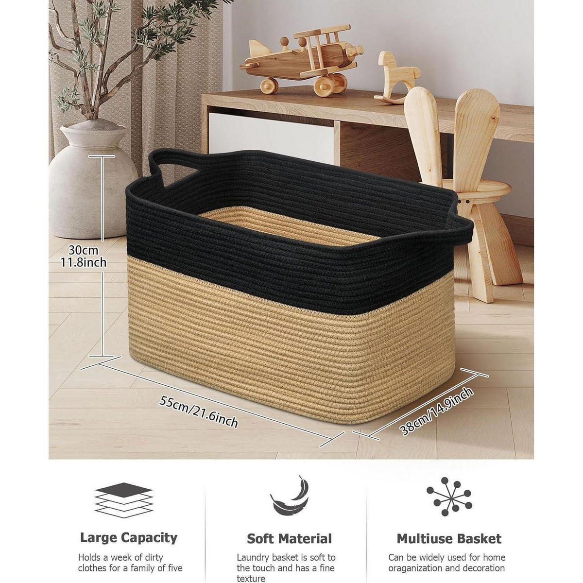 WÄSCHEKORB 2-teiliges Set Baumwolle Schwarz & Braun 63 L - Multicolor, Naturmaterialien (38/30/55cm)