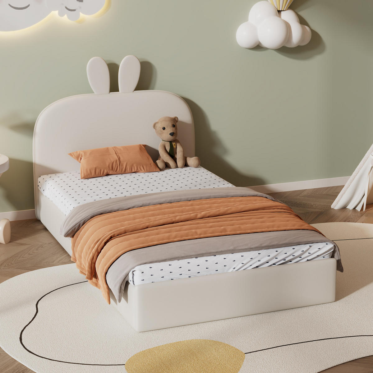 POLSTERBETT 90x200 cm mit Hasen-Kopfteil, Lattenrost, Samt, Beige - Beige, Holz (90/200cm)