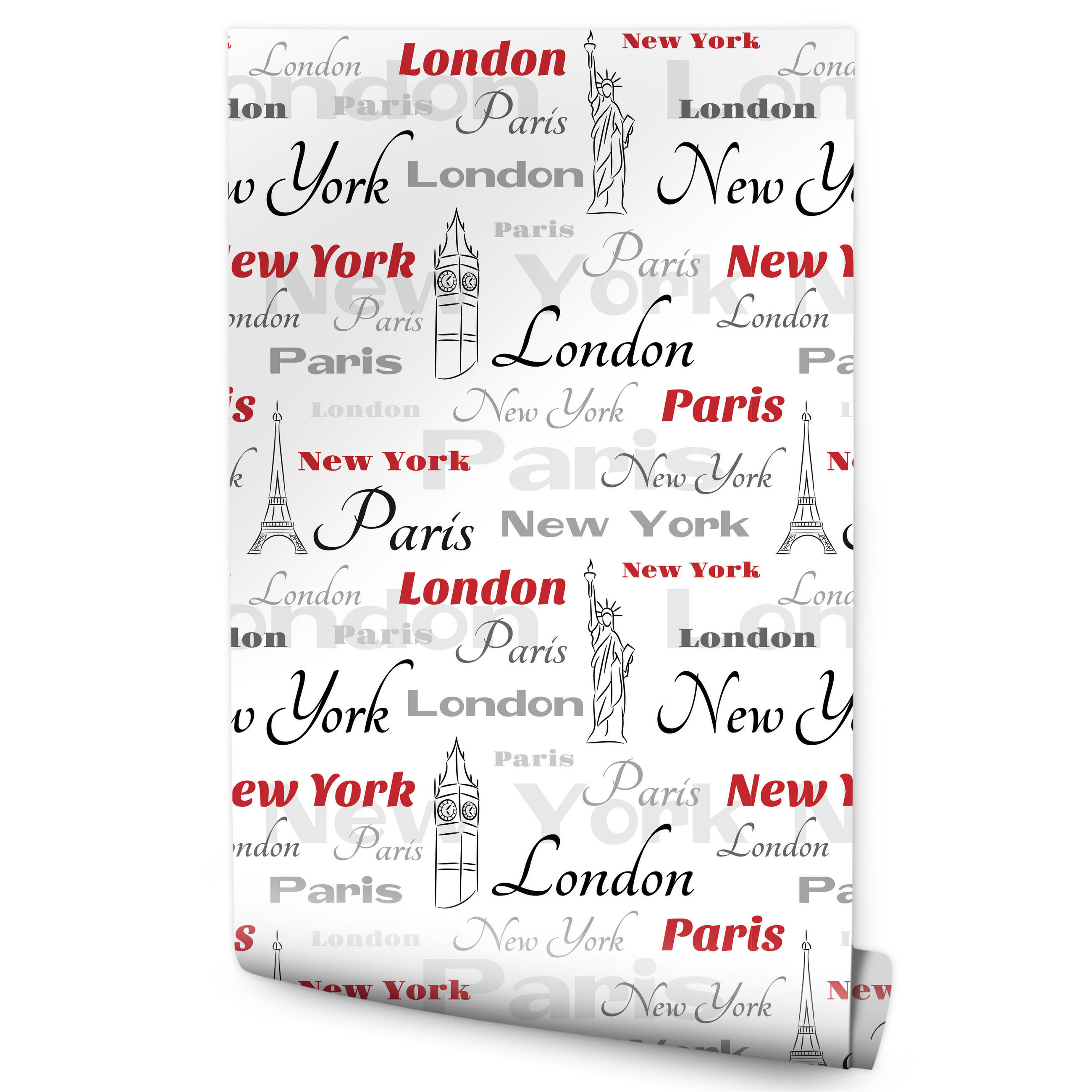 VLIESTAPETE London, Paris und New York – Rot, Grau, Weiß – 50x1000 cm - Rot/Weiß, Papier (50/1000cm) - Muralo