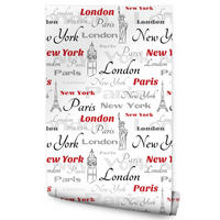 VLIESTAPETE London, Paris und New York – Rot, Grau, Weiß – 50x1000 cm - Rot/Weiß, Papier (50/1000cm) - Muralo