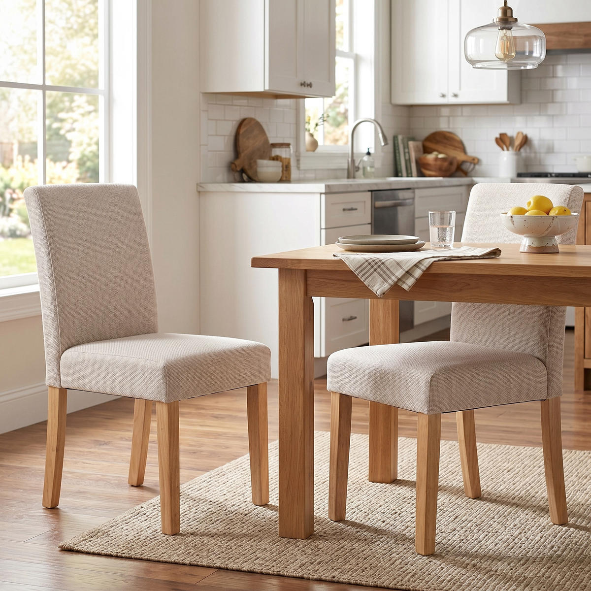 ESSZIMMERSTUHL 2er Set Polyester Gummibaumholz Creme - Creme/Naturfarben, Holz/Textil (46/88/56cm) - HOMCOM