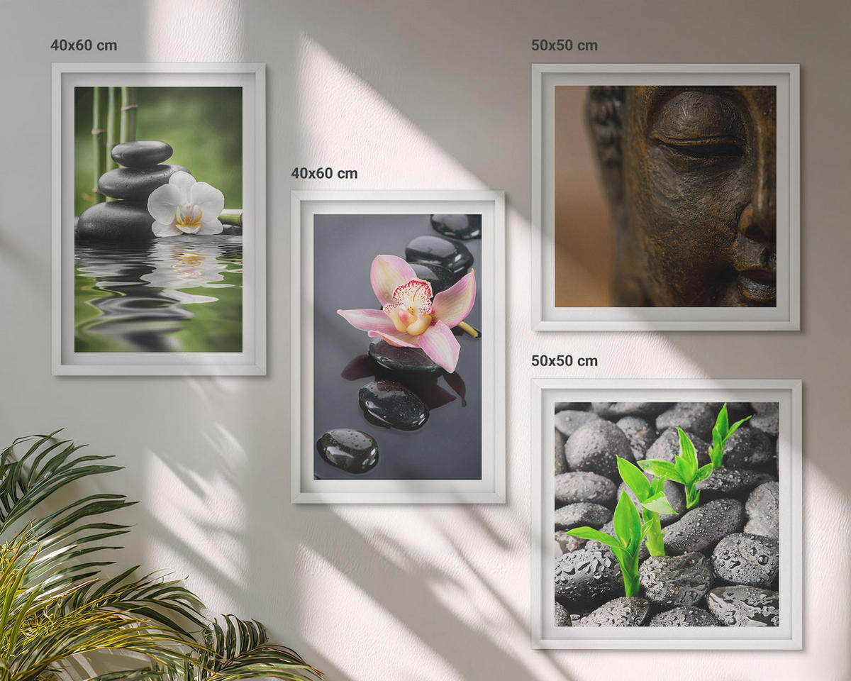BILDER SET 4er Set - 50x50 cm & 40x60 cm Weißer Rahmen - Friedliche Zen-Blumen-Buddha-Komposition - Weiß, Kunststoff (50/50cm) - TULUP