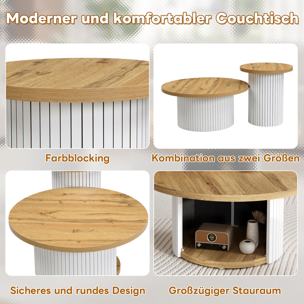 COUCHTISCH-SET 75/75/50 und 45/45/35 cm mit Stauraum und flexiblem Beistelltisch im skandinavischen Stil, Natur - Naturfarben, Holzwerkstoff (75/75/35cm) - Redom