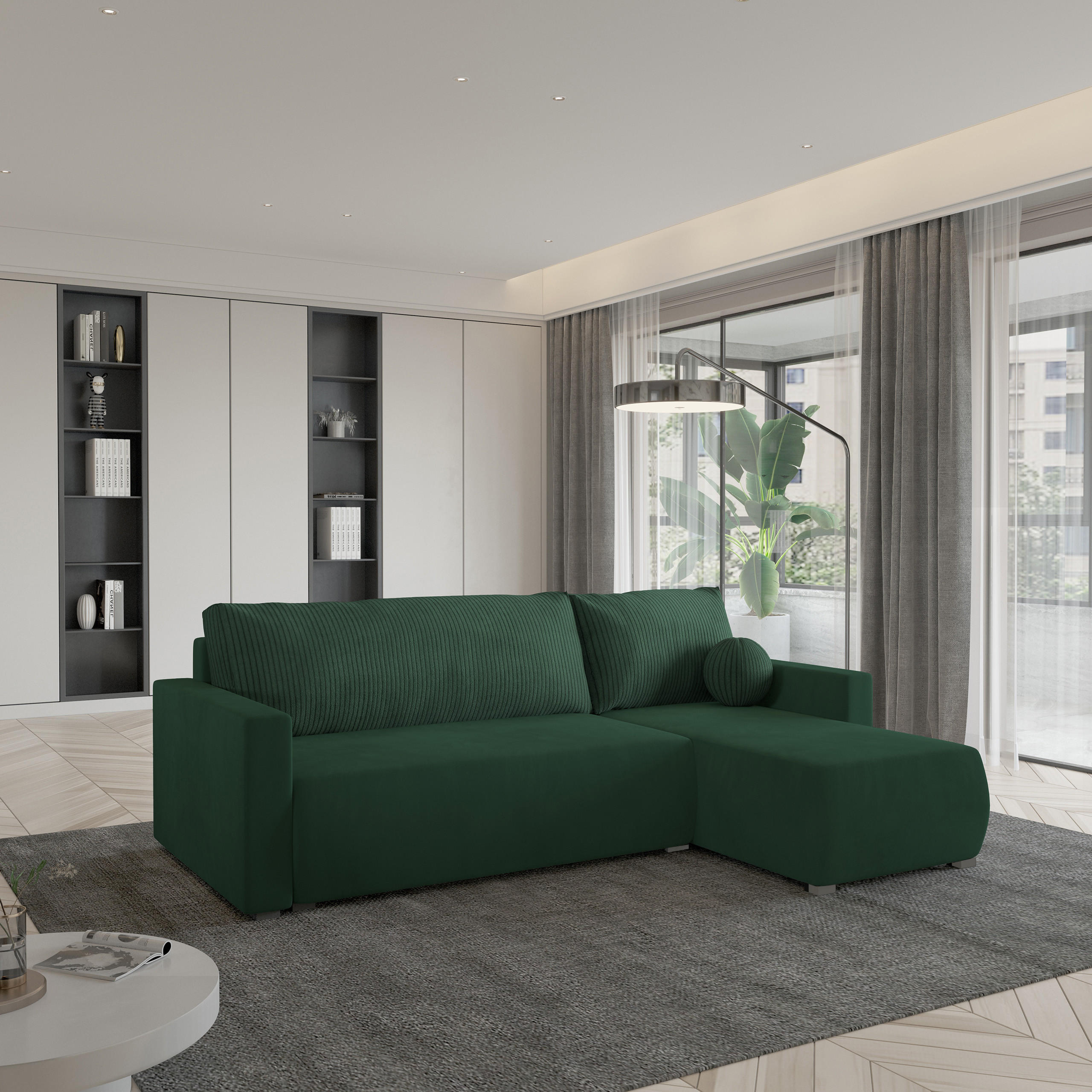 ECKSOFA SORGE Grün Plüsch-Stoff mit Schlaffunktion - Grün, Holz (220/143cm) - MASSENO