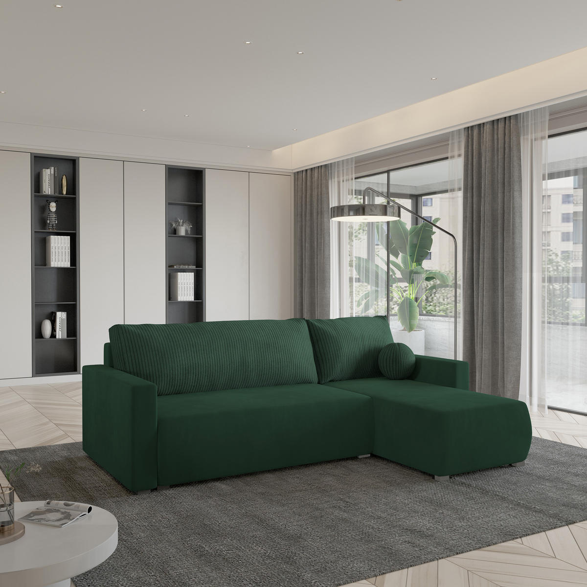 ECKSOFA SORGE Grün Plüsch-Stoff mit Schlaffunktion - Grün, Holz (220/143cm) - MASSENO