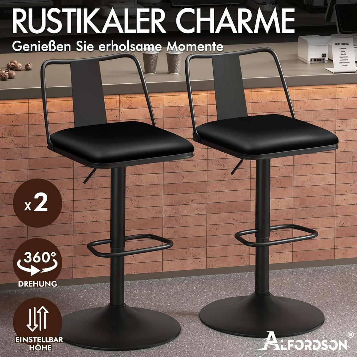 BARHOCKER 2-teiliges Set höhenverstellbar mit Rückenlehne Schwarz - Schwarz, Kunststoff (43/102/43cm)