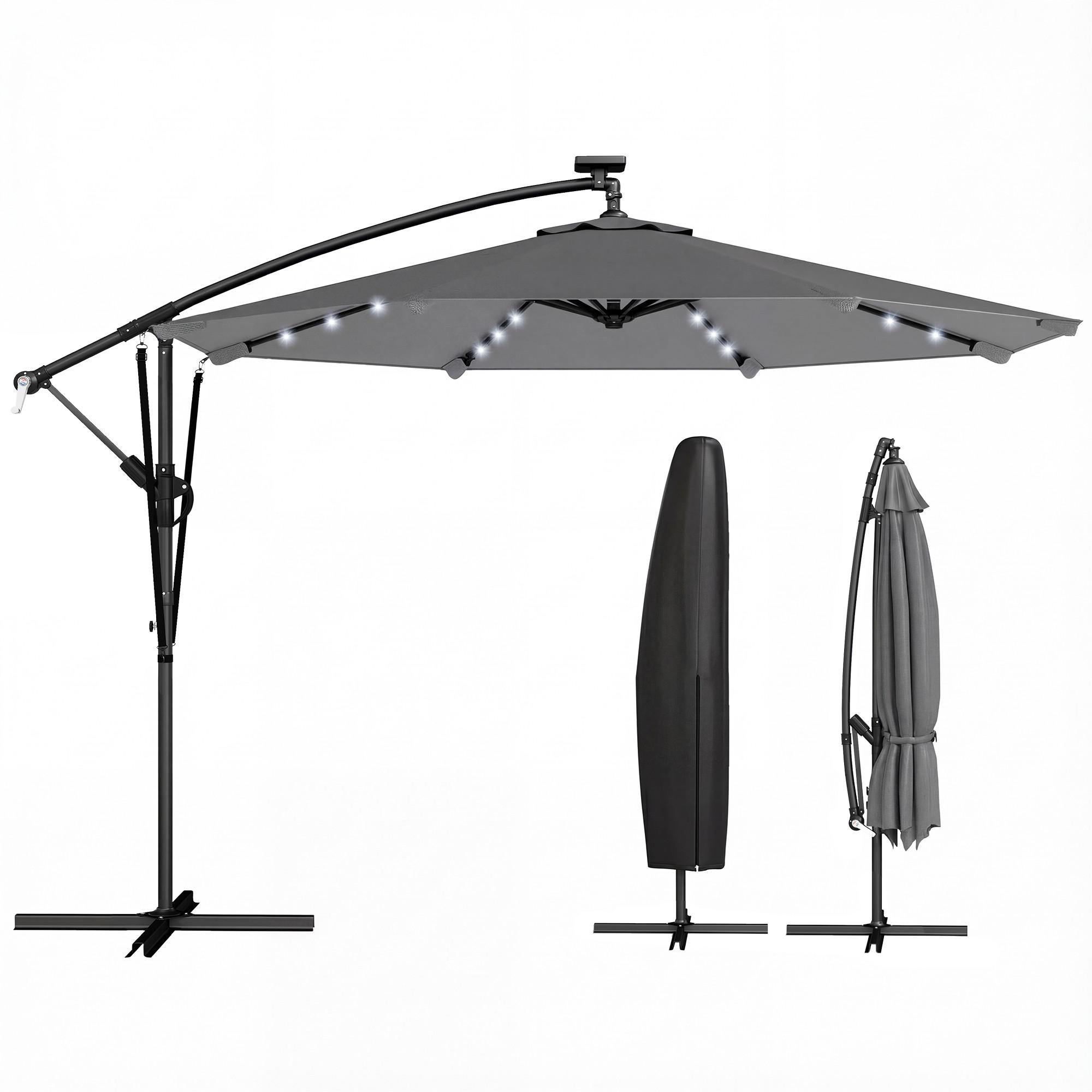 AMPELSCHIRM Ø295 cm DE-11587 mit Solar-LED & UV50+ Grau - Dunkelgrau, Metall (295/330cm) - ComfortXL