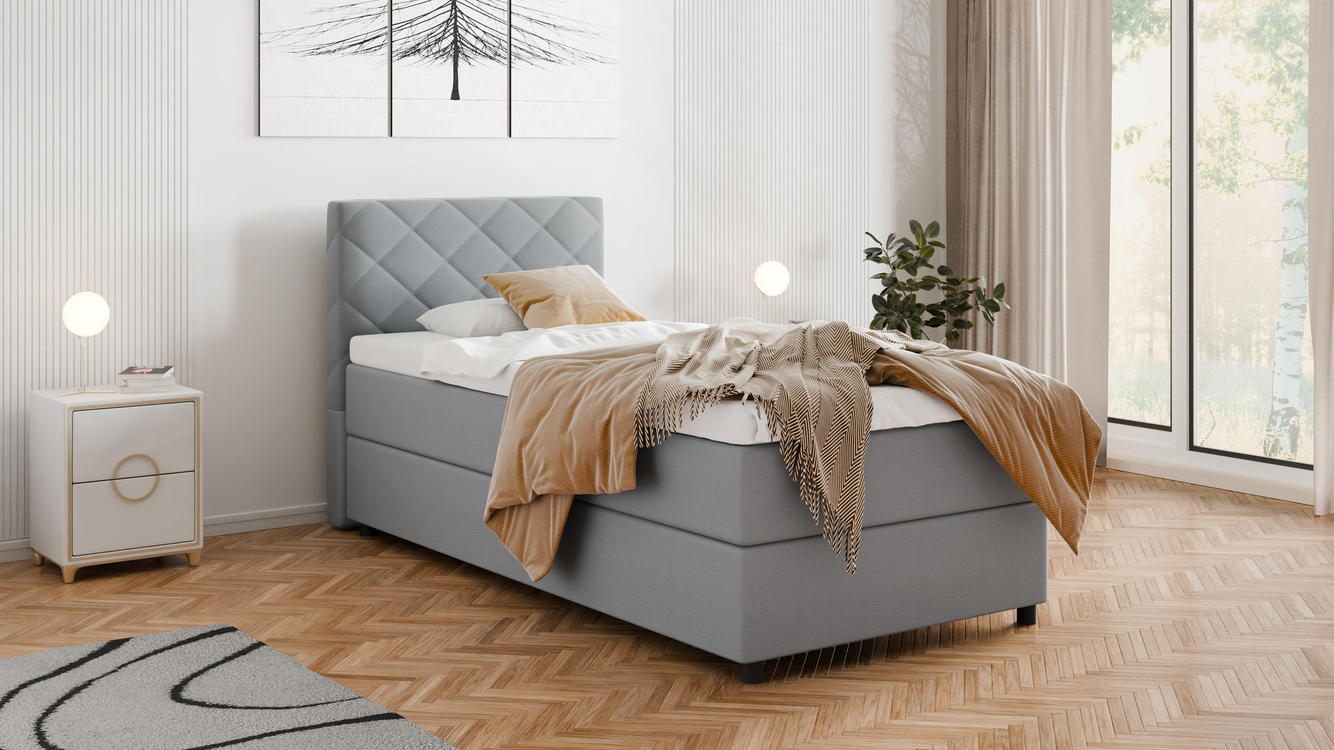 BOXBETT Diamaro 100x200 cm mit Bettkasten und Topper - Hellgrau - Hellgrau, Holz (100/200cm) - Panda Möbel