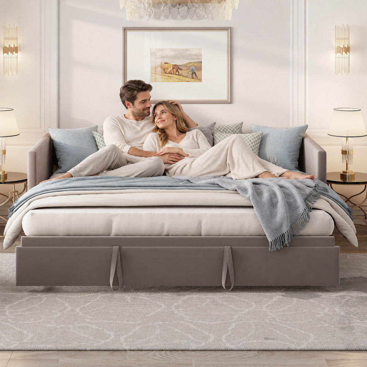 SCHLAFSOFA Samt grau ausziehbar mit Gästebett Funktion 3-fach umwandelbar Tagesbett mit Rollen - Grau, Metall (183/74/213cm) - Joyfair