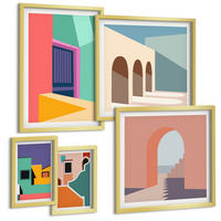 BILDER SET 5er Set - 50x50 cm & 20x30 cm & 40x60 cm Goldrahmen - Farbenfrohe Illustrationen der Stadt - Goldfarben, Kunststoff (40/60cm) - TULUP