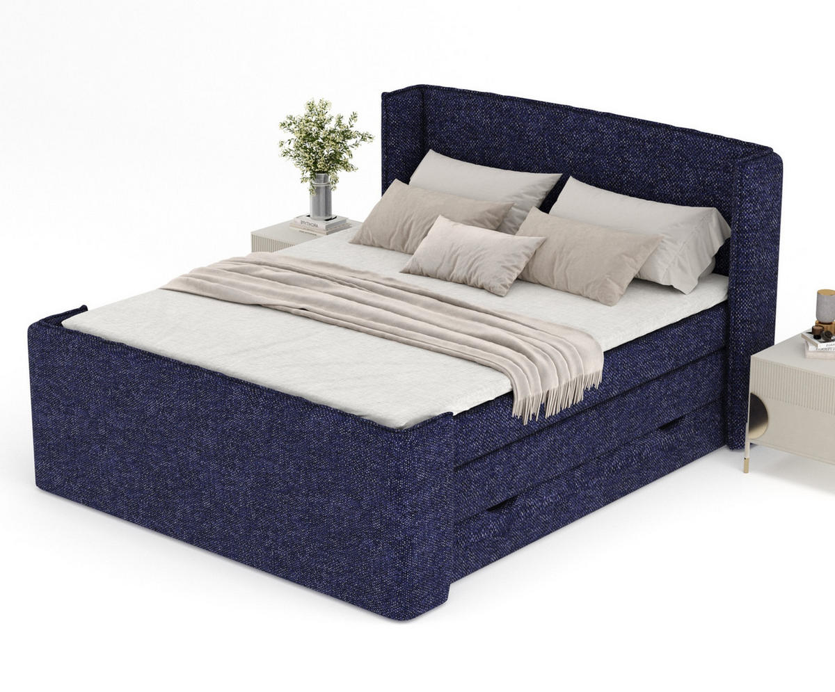 BOXSPRINGBETT Freeland Marineblau 140/200 cm mit Matratze und Topper - Schwarz/Dunkelblau, Holz/Holzwerkstoff (140/200cm) - Maison de Reve