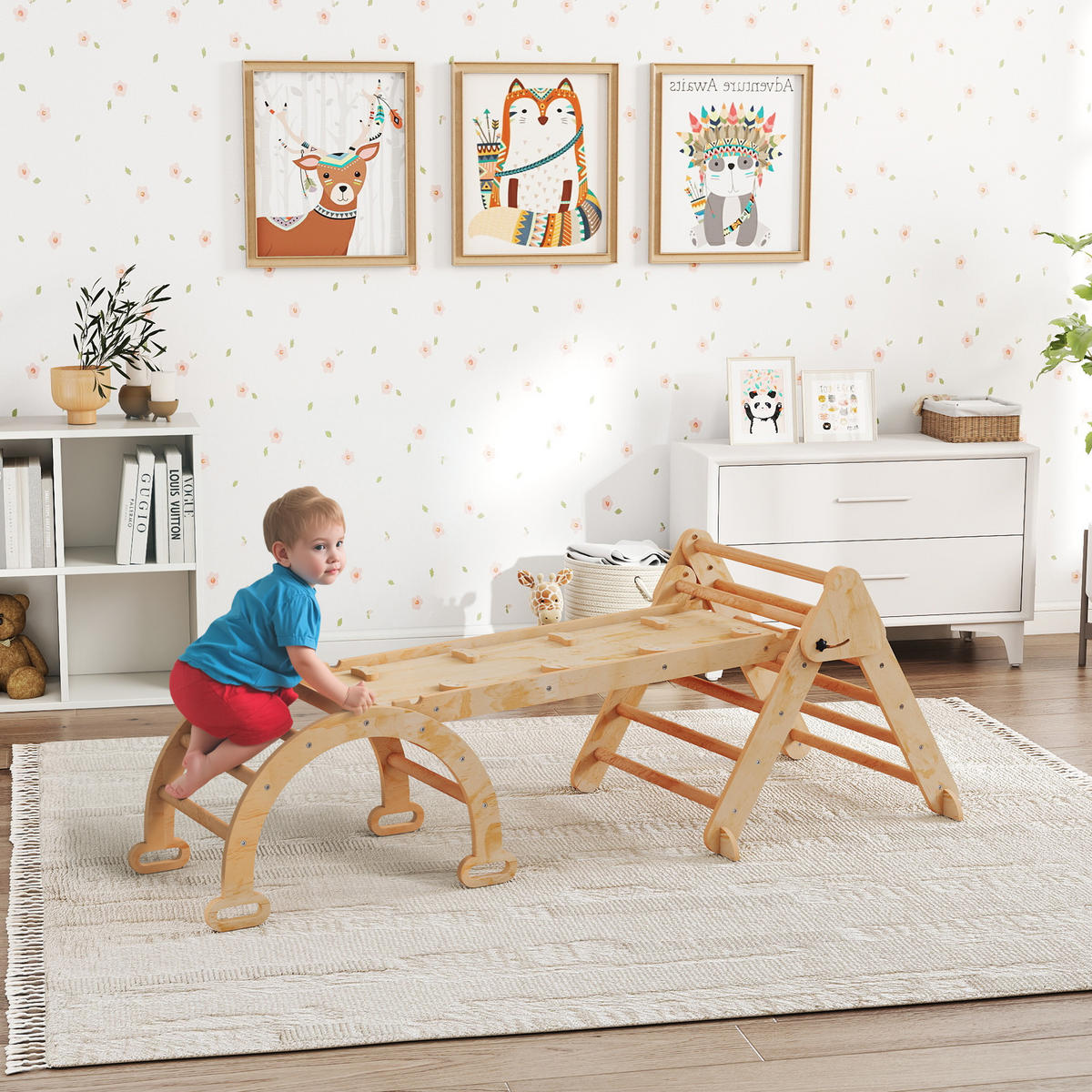 MONTESSORI-KLETTERGERÜST Holz Kletterdreieck mit Kletterbogen 7-in-1 - Naturfarben, Holz (70/59/188cm) - AIYAPLAY
