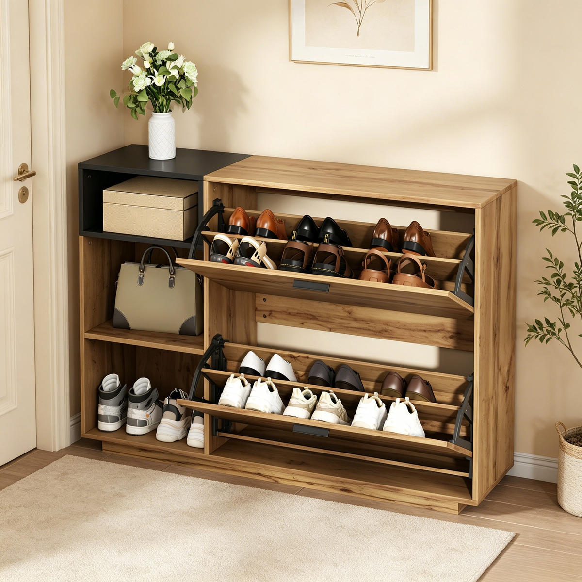 SCHUHSCHRANK Naturholzfarbe und Schwarz 120/32/84,5 cm - Naturfarben, Holzwerkstoff (120/84.5/32cm) - PANGIVO